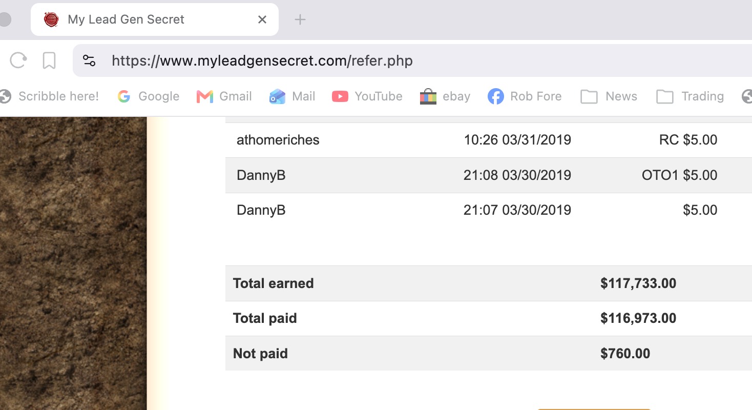 MyLeadGenSecret back office lifetime earnings screenshot