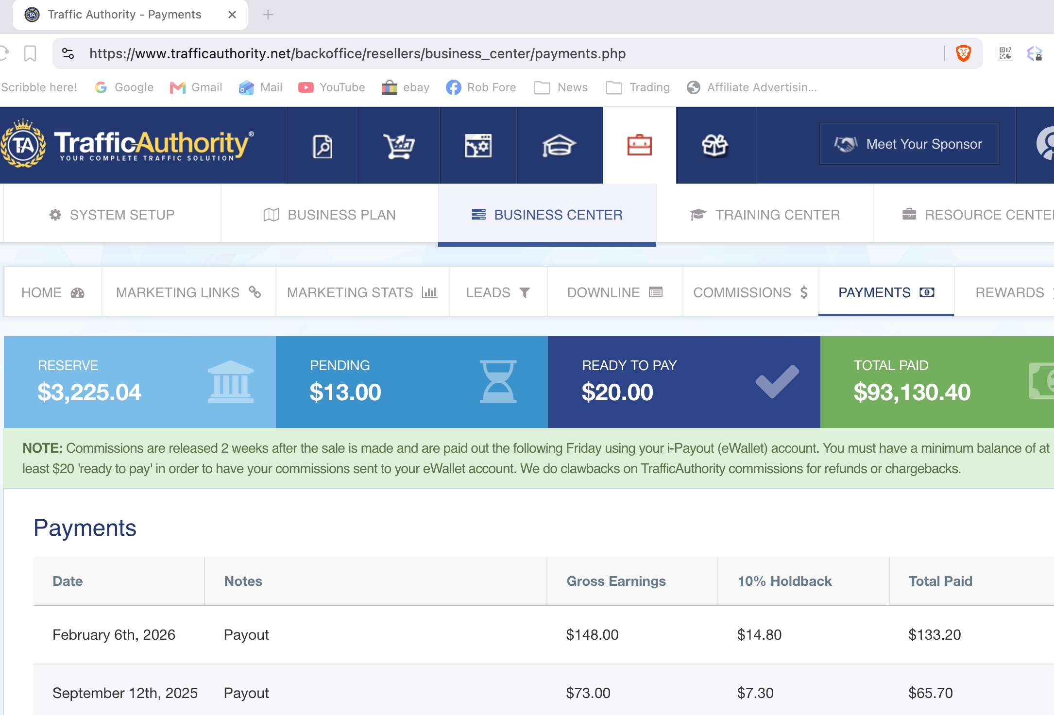 Traffic Authority lifetime payout screenshot